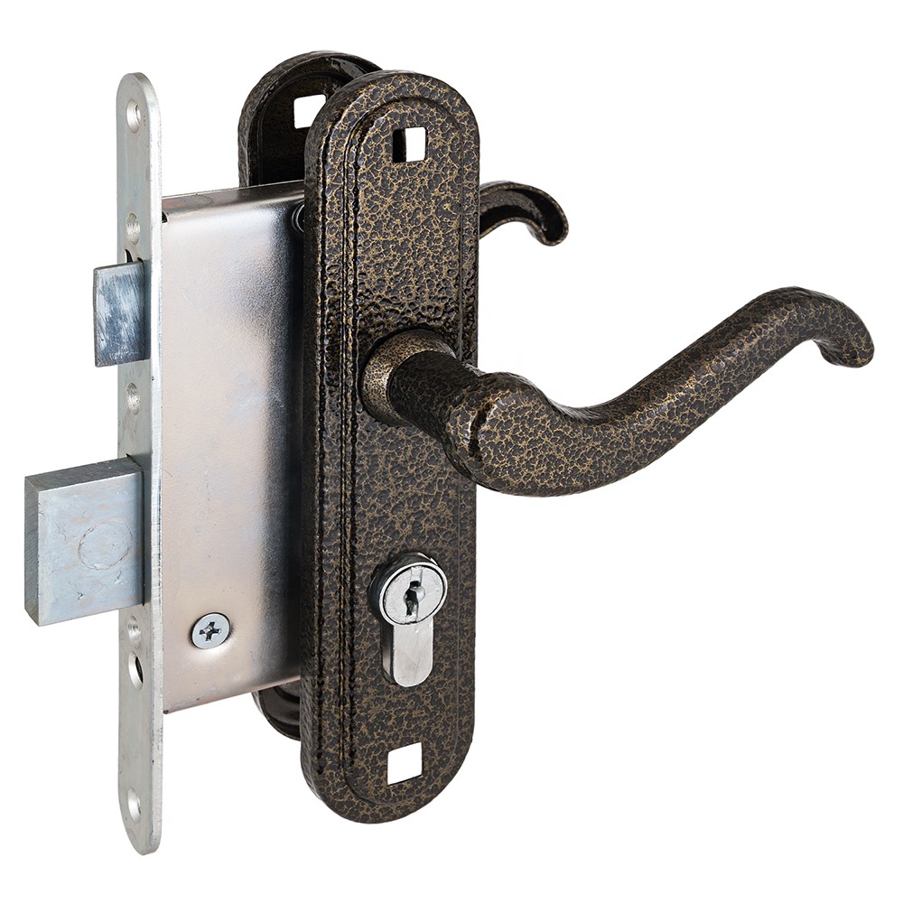 Замок Zenit (Зенит) врезной цилиндровый с защёлкой в комплекте с ручкой ЗВ4-3.02 (бронза), 4 кл. 