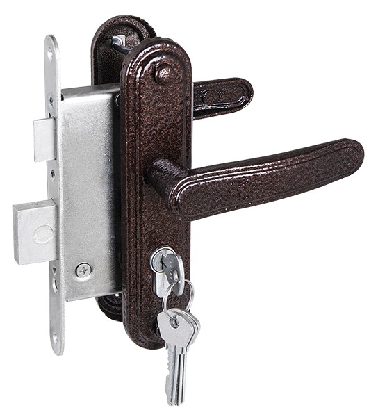 Замок Zenit (Зенит) врезной цилиндровый с защёлкой в комплекте с ручкой ЗВ4-3.03 (медь), 4 кл. 