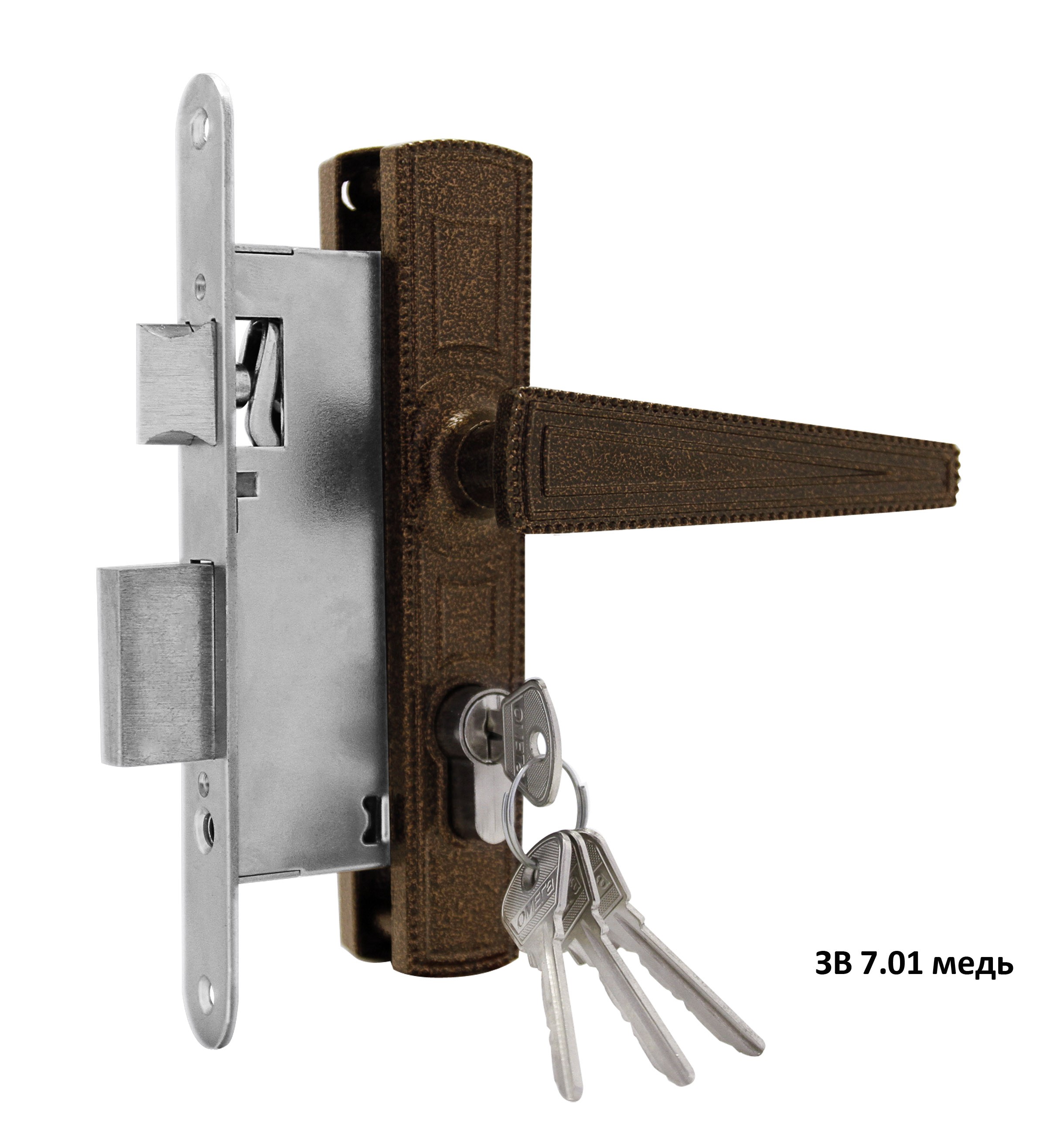 Замок Omega (Омега) врезной цилиндровый с защёлкой в комплекте с ручкой ЗВ7.01 (медь), 4 кл. 