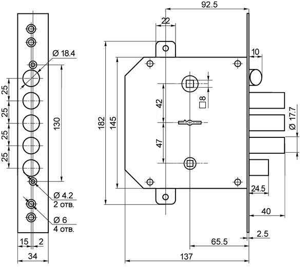 Замок Border (Бордер) врезной сувальдный с задвижкой и защёлкой ЗВ9-6 ЛКТЗ с тягами (лев.), 5 кл. /77405/ 