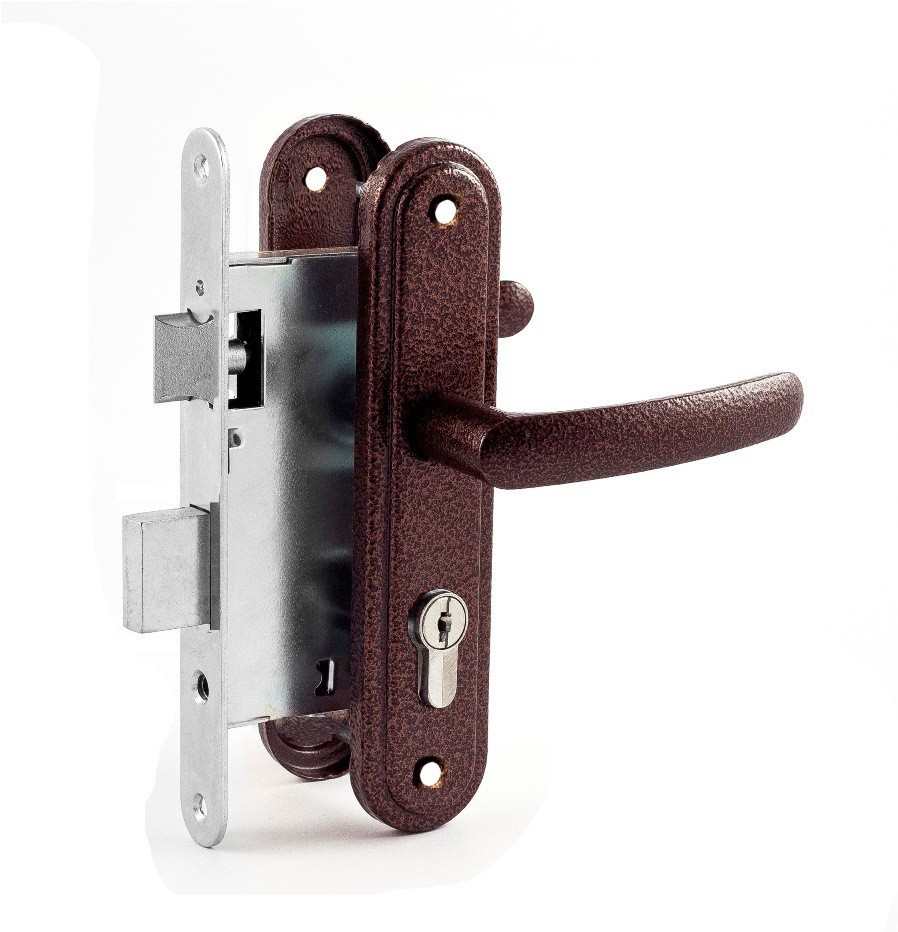 Замок Zenit (Зенит) врезной цилиндровый с защёлкой в комплекте с ручкой ЗВ4-3.08 (медь), 4 кл. 