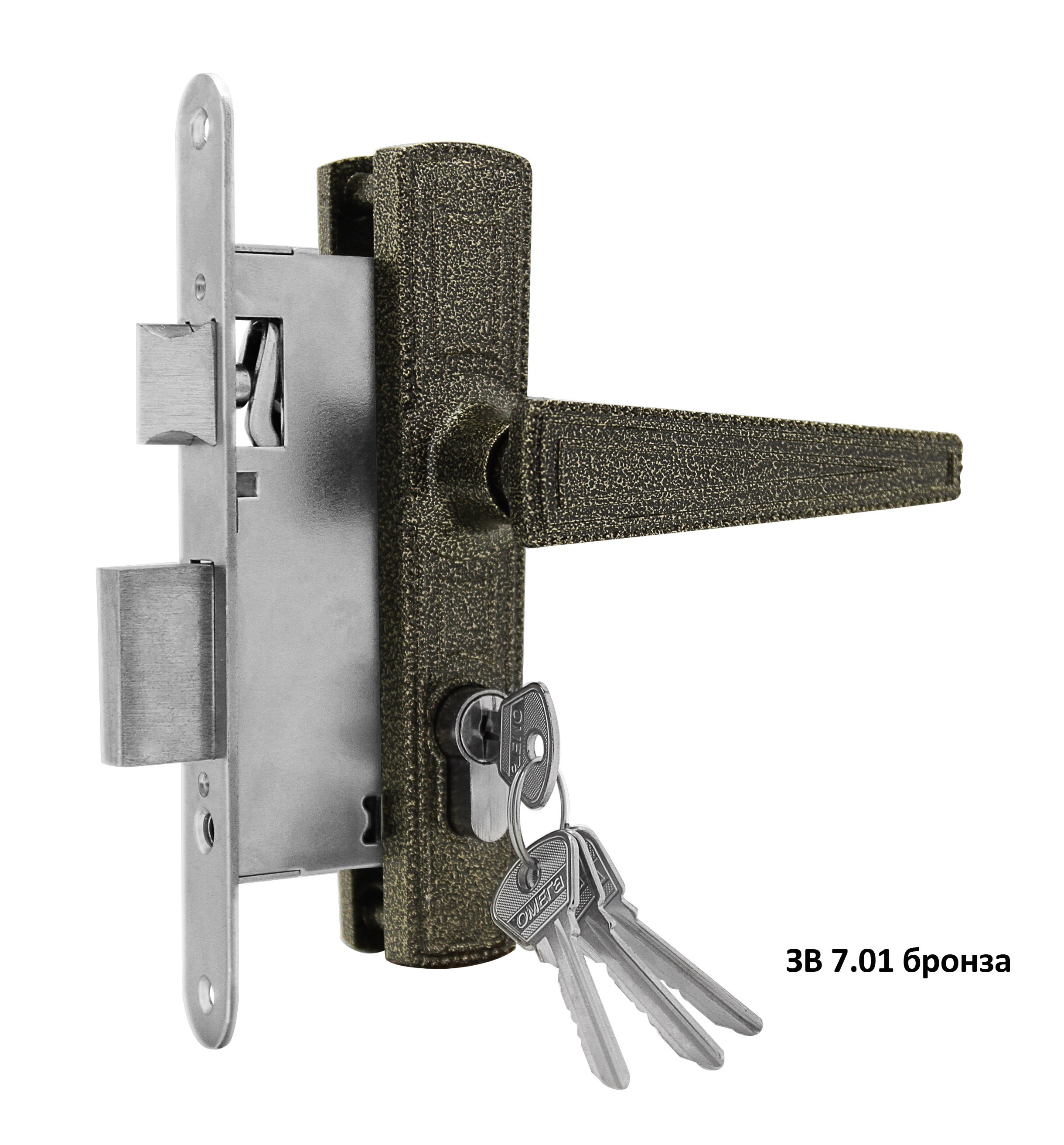 Замок Omega (Омега) врезной цилиндровый с защёлкой в комплекте с ручкой ЗВ7.01 (бронза), 4 кл. 
