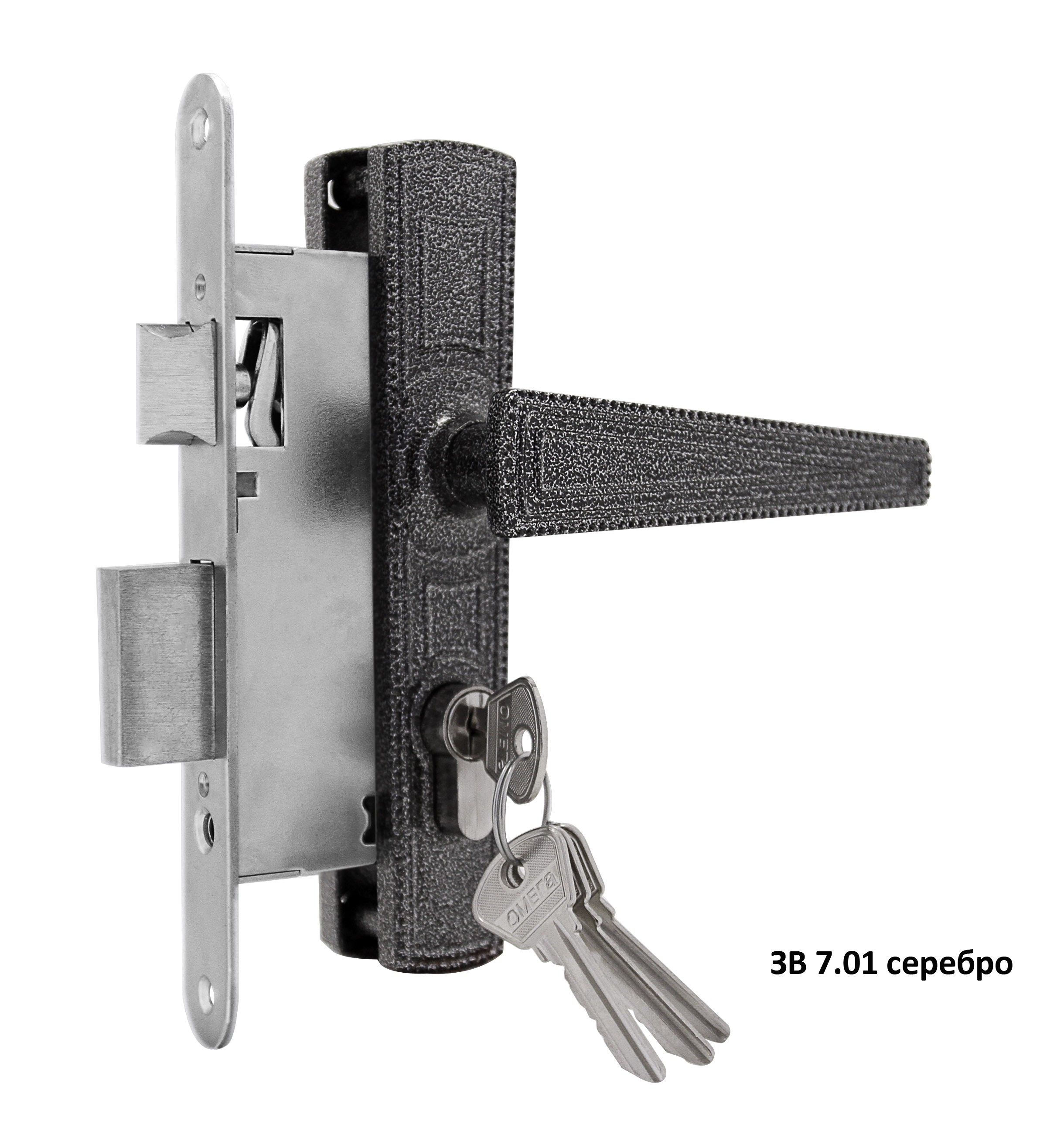 Замок Omega (Омега) врезной цилиндровый с защёлкой в комплекте с ручкой ЗВ7.01 (серебро), 4 кл. 