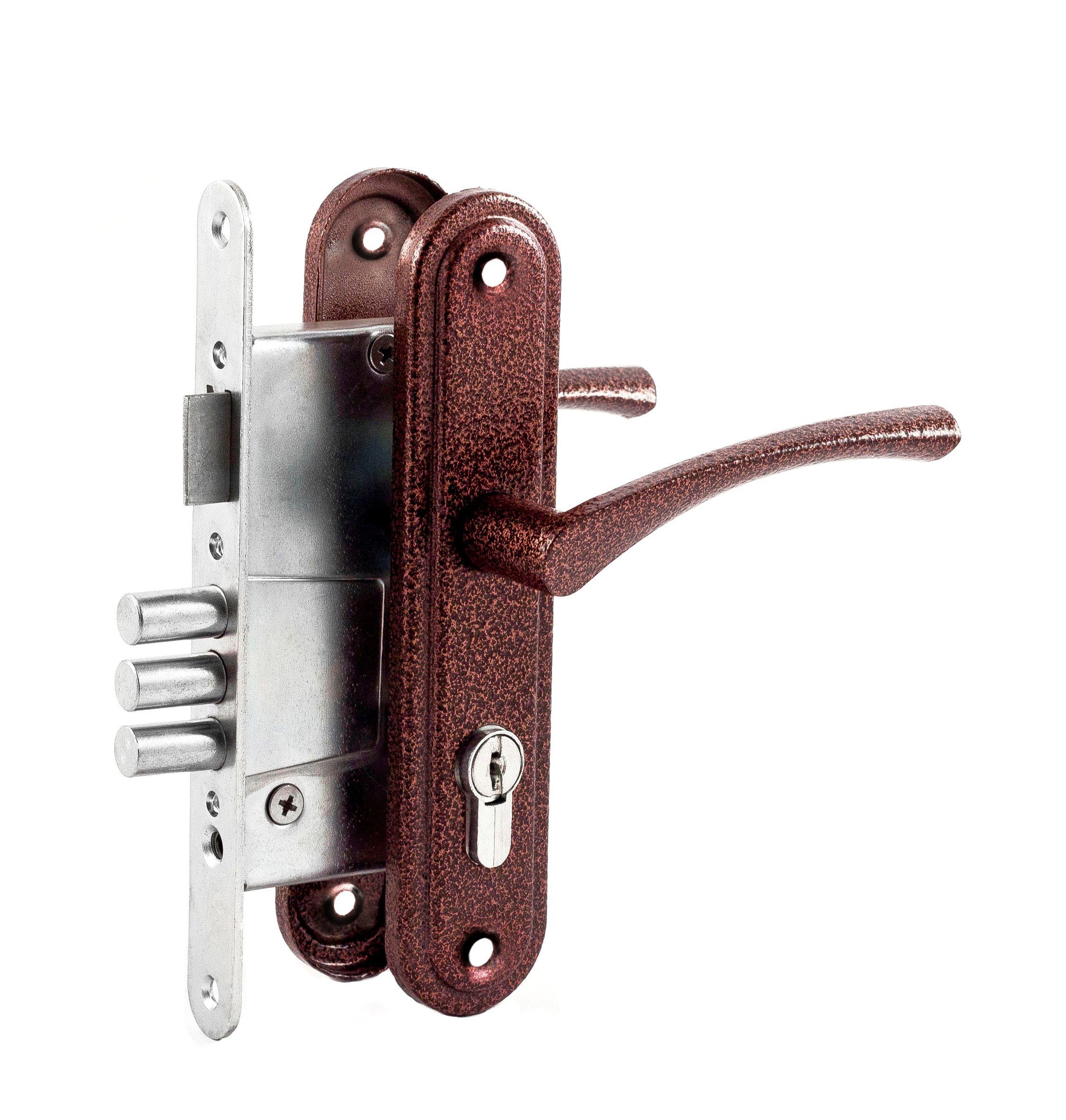 Замок Omega (Омега) врезной цилиндровый с защёлкой в комплекте с ручкой ЗВ4.2-01 (медь), 3 кл. 