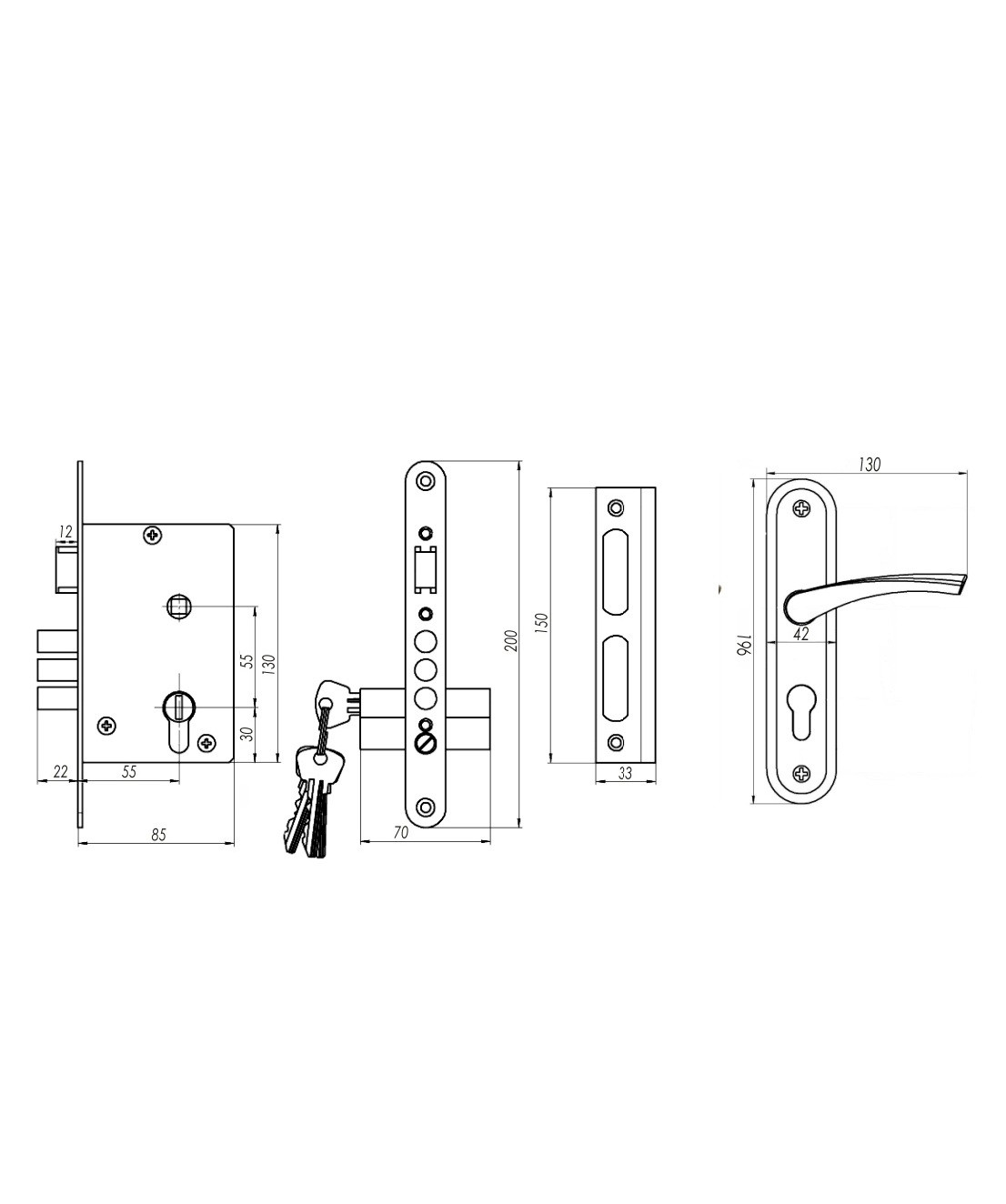 Замок Omega (Омега) врезной цилиндровый с защёлкой в комплекте с ручкой ЗВ4.2-01 (медь), 3 кл. 