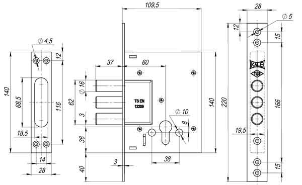 Корпус Kale kilit (Кале килит) врезного цилиндрового замка 257 w/b (тех. комплектация) 