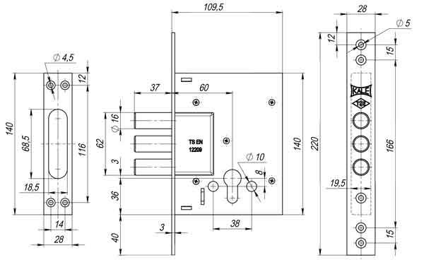 Корпус Kale kilit (Кале килит) врезного цилиндрового замка 257 w/b (тех. комплектация) 
