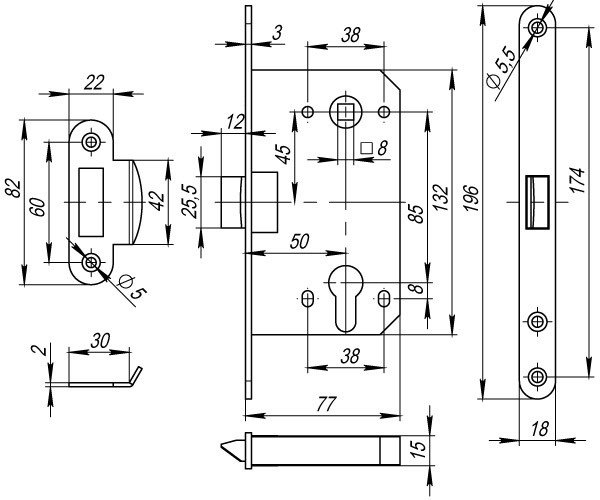 Корпус Fuaro (Фуаро) врезного замка c защёлкой PLASTP85C-50 (P85C-50) CP хром 