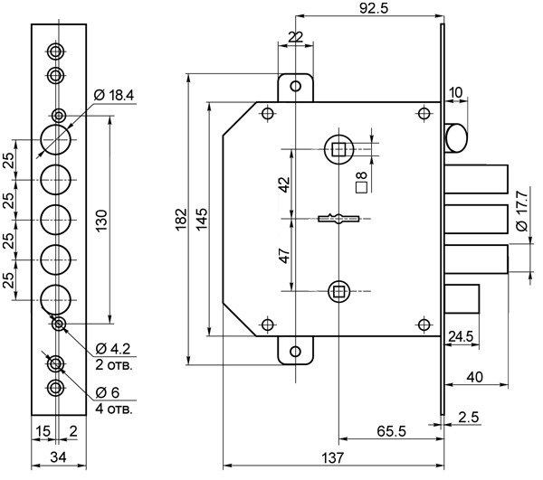 Замок Border (Бордер) врезной сувальдный с задвижкой и защёлкой ЗВ9-6 ПКТЗ с тягами (прав.), 5 кл. /77404/ 