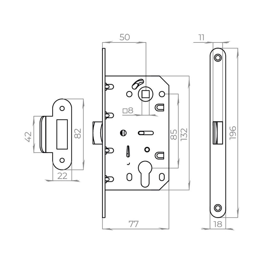Корпус Ajax (Аякс) врезного замка c защёлкой PLASTLP85-50 SN матовый никель 