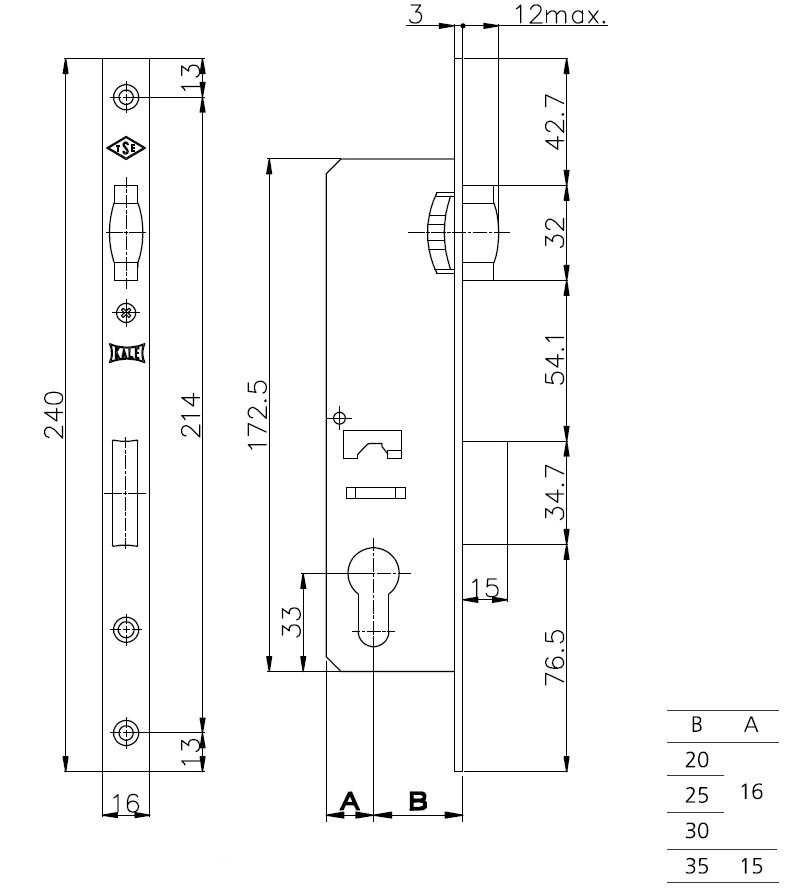 Корпус Kale kilit (Кале килит) узкопрофильного замка с роликовой защёлкой 155/P (25 mm) w/b (хром) (без отв. планки) 