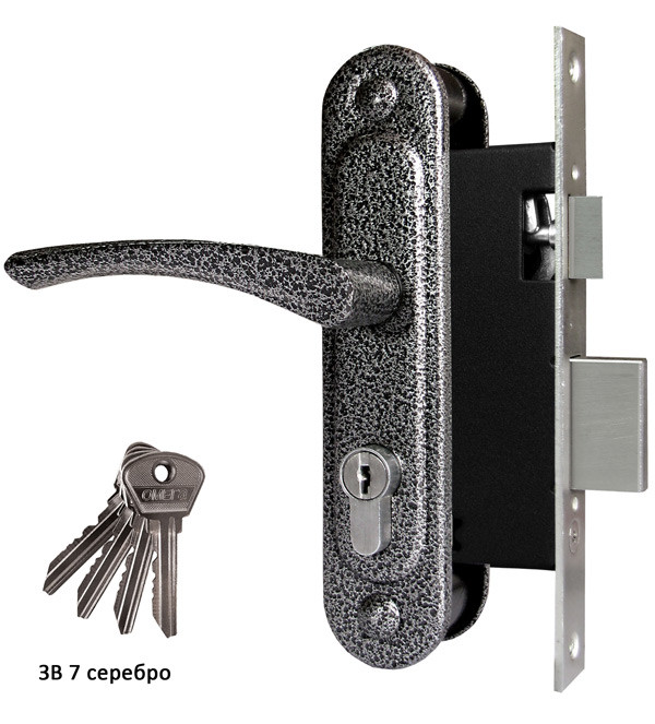 Замок Omega (Омега) врезной цилиндровый с защёлкой в комплекте с ручкой ЗВ7 (серебро), 4 кл. 