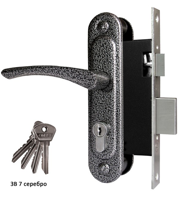 Замок Omega (Омега) врезной цилиндровый с защёлкой в комплекте с ручкой ЗВ7 (серебро), 4 кл. 