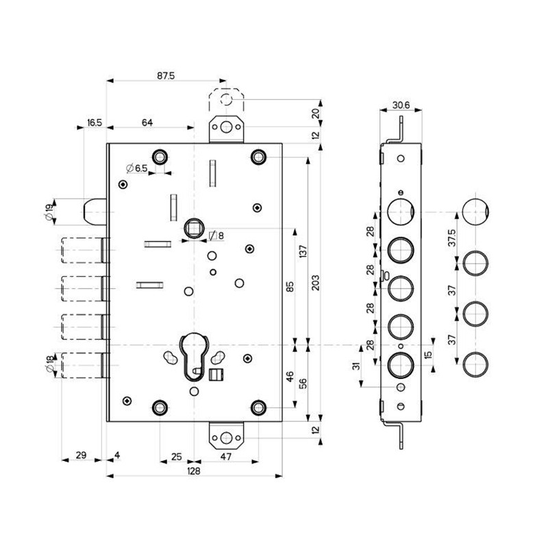 Корпус Mottura (Моттура) врезного замка с защёлкой 82.515W800B Универсальный 