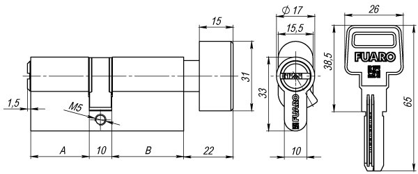 Цилиндровый Fuaro (Фуаро) механизм (R602/60) R6002Knob60(25+10+25) AB бронза 5Key с вертушкой 