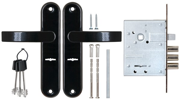 Замок Sam (Сам) врезной сувальдный с защёлкой в комплекте с ручкой ЗВ9-6/13 (черный глянец), 3 кл. /77305/ 