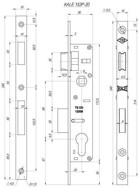Корпус Kale kilit (Кале килит) узкопрофильного замка с защёлкой 153/P (20 mm) w/b (хром) Корпус Kale kilit (Кале килит) узкопрофильного замка с защёлкой 153/P (20 mm) w/b (хром)