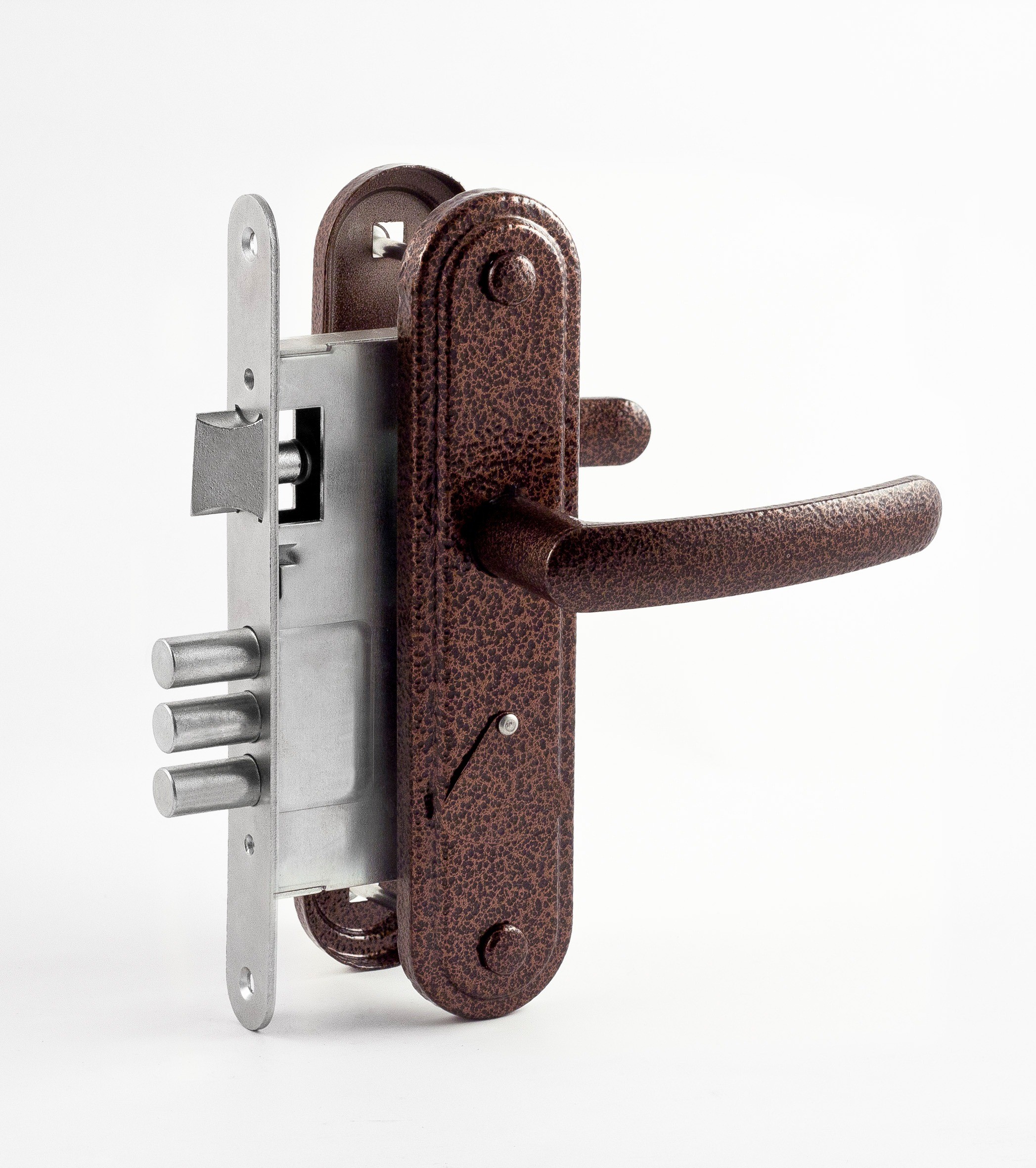 Замок Omega (Омега) врезной сувальдный с защёлкой в комплекте с ручкой ЗВ9.1-02 (медь), 3 кл. 