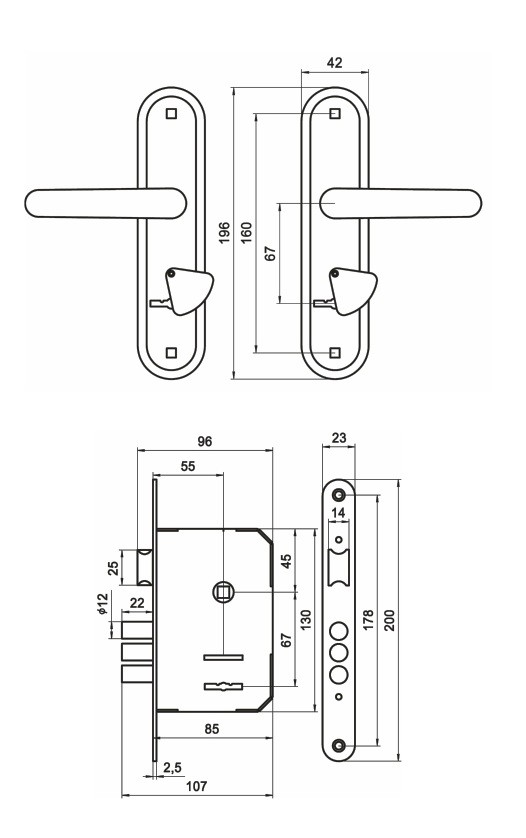 Замок Omega (Омега) врезной сувальдный с защёлкой в комплекте с ручкой ЗВ9.1-02 (медь), 3 кл. 