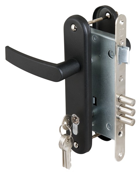 Замок Sam (Сам) врезной цилиндровый с защёлкой в комплекте с ручкой ЗВ4-3 (черный муар), 5 кл. /78401/ Замок Sam (Сам) врезной цилиндровый с защёлкой в комплекте с ручкой ЗВ4-3 (черный муар), 5 кл. /78401/