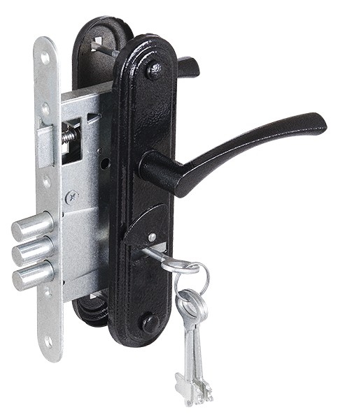 Замок Zenit (Зенит) врезной сувальдный с защёлкой в комплекте с ручкой ЗВ9-4-2 (черный), 3кл. 