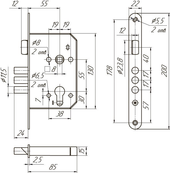Корпус Mettem (Меттэм) врезного замка с защёлкой ЗВ4 402.0.0 Корпус Mettem (Меттэм) врезного замка с защёлкой ЗВ4 402.0.0