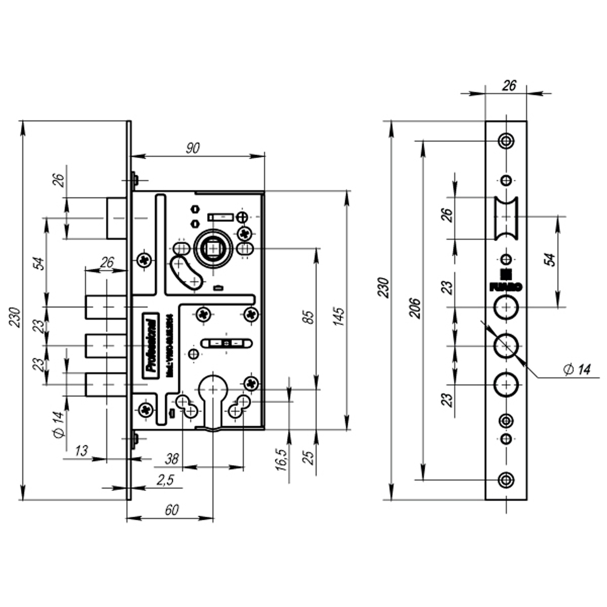 Корпус Fuaro (Фуаро) врезного замка c защёлкой MDV10/C-60.85.3R14 