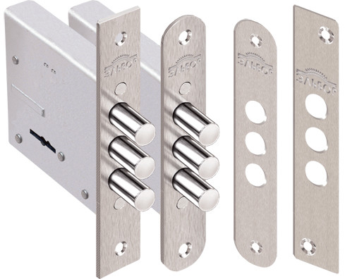 Замок Elbor (Эльбор) врезной Кремень 1.04.04.К никель, сува., 3 риг., зап. планка, лиц. планка закругл. 