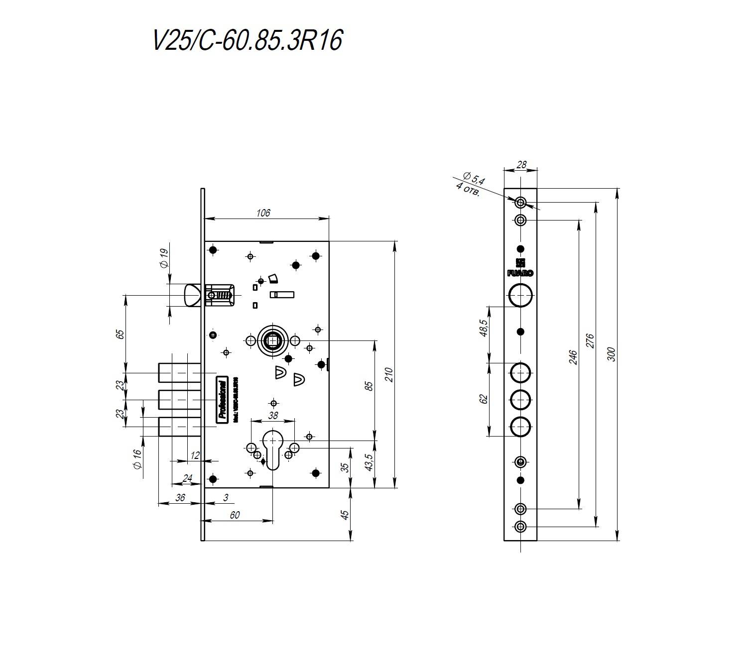Корпус Fuaro (Фуаро) врезного замка c защёлкой MDV25/C-60.85.3R16 