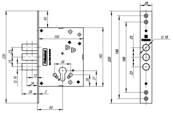 Корпус Fuaro (Фуаро) врезного замка MDV25/C-60.00.3R16 