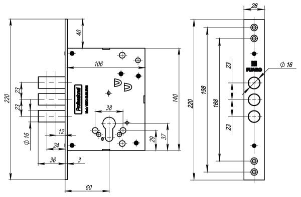 Корпус Fuaro (Фуаро) врезного замка MDV25/C-60.00.3R16 