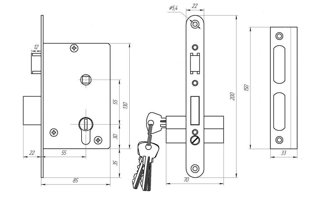 Замок Zenit (Зенит) врезной цилиндровый с защёлкой в комплекте с ручкой ЗВ4-3.01 (никель), 4 кл. 