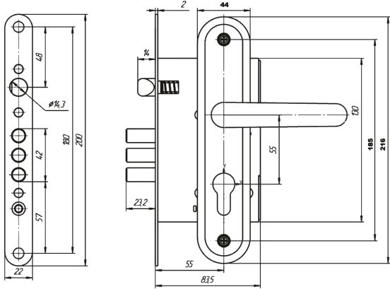 Замок Zenit (Зенит) врезной цилиндровый с защёлкой в комплекте с ручкой ЗВ4.009/17 (медь), 4 кл. 