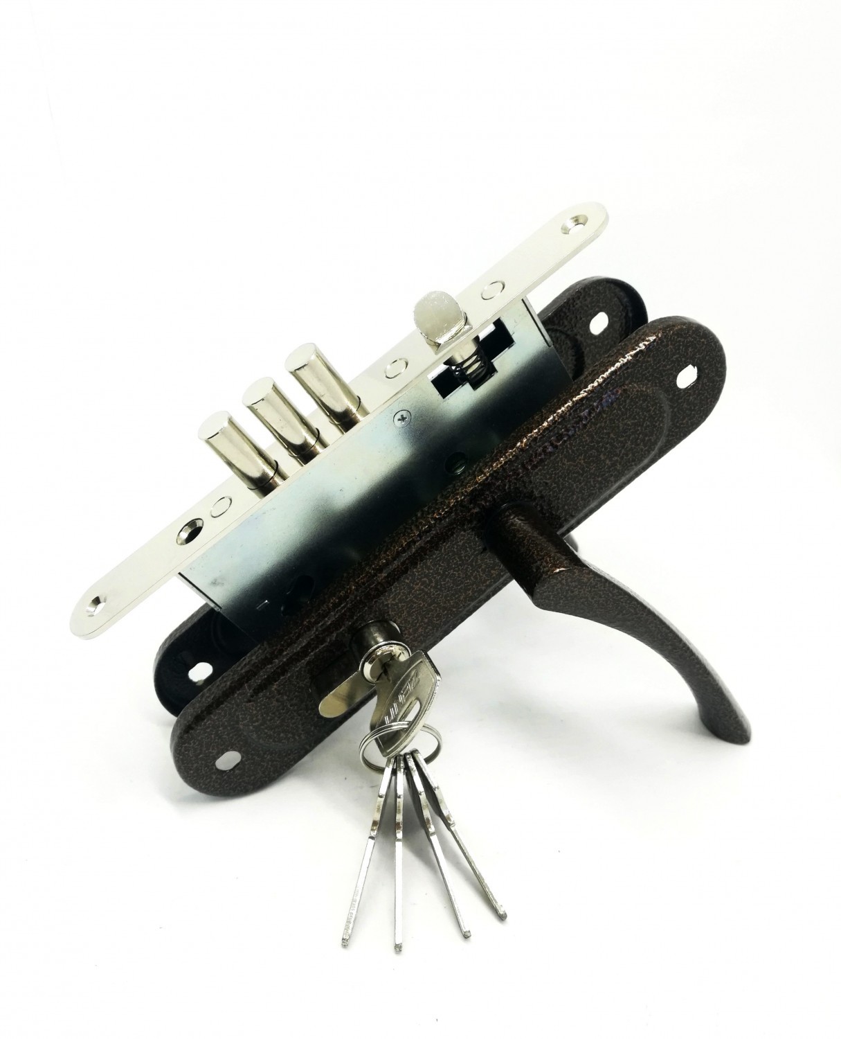 Замок Zenit (Зенит) врезной цилиндровый с защёлкой в комплекте с ручкой ЗВ4.009/17 (медь), 4 кл. 