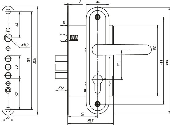 Замок Zenit (Зенит) врезной цилиндровый с защёлкой в комплекте с ручкой ЗВ4.009/17 (медь), 4 кл. 