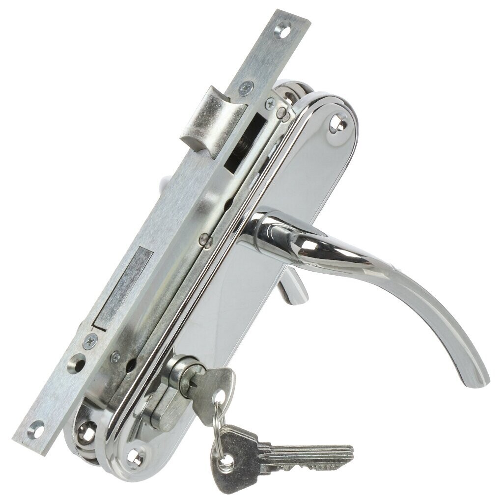 Замок Omega (Омега) врезной цилиндровый с защёлкой в комплекте с ручкой ЗВ4-70.27 (хром), 4 кл. 