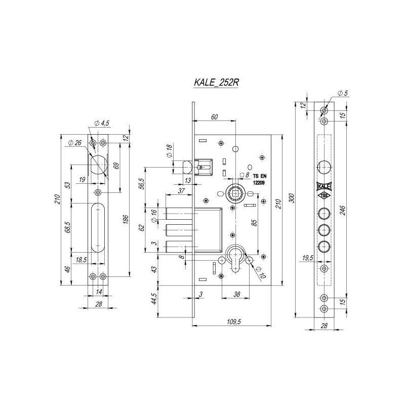 Корпус Kale kilit (Кале килит) врезного цилиндрового замка с защёлкой 252/R w/b 