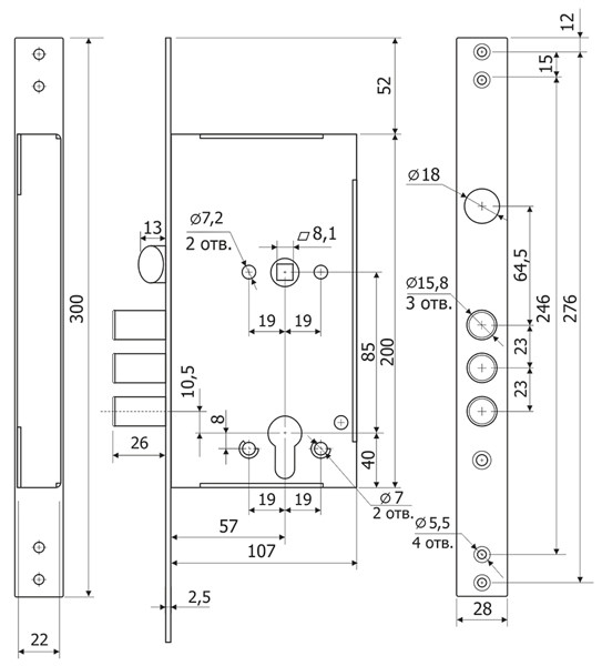 Корпус Guardian (Гардиан) врезного замка с защёлкой INTER ЗВ 62.11 /128:3771/ 