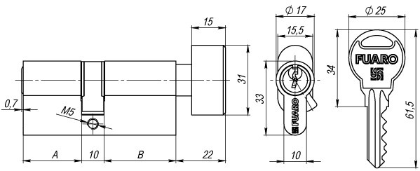 Цилиндровый Fuaro (Фуаро) механизм (R302/60) R3002Knob60(25+10+25) CP хром 5Key с вертушкой 
