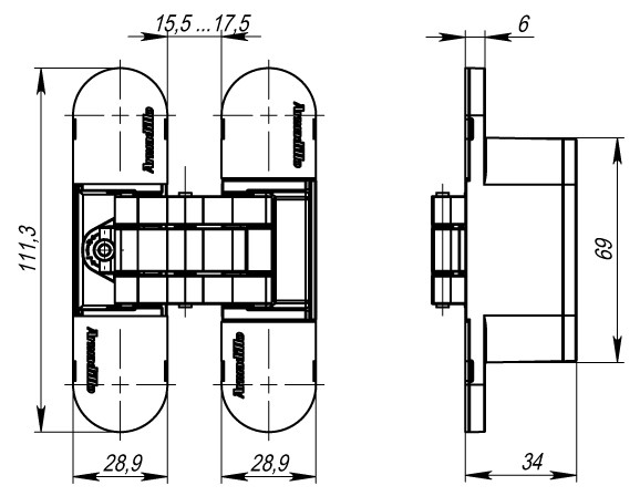 Петля Armadillo (Армадилло) скрытой установки U3D6000 AB (11160UN3D) бронза 