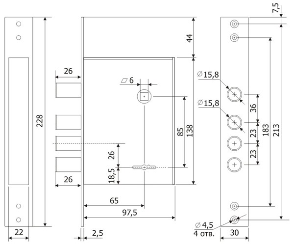 Замок Guardian (Гардиан) врезной сувальдный с задвижкой ЗВ 30.04, 4 кл. (длинный кл. 59 мм) /123:185:2/ 