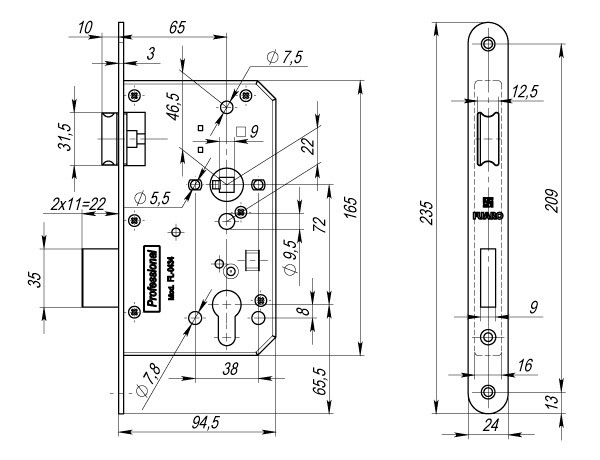 Корпус Fuaro (Фуаро) врезного замка c защёлкой FP.C-65.72-0434 (FL-0434) 