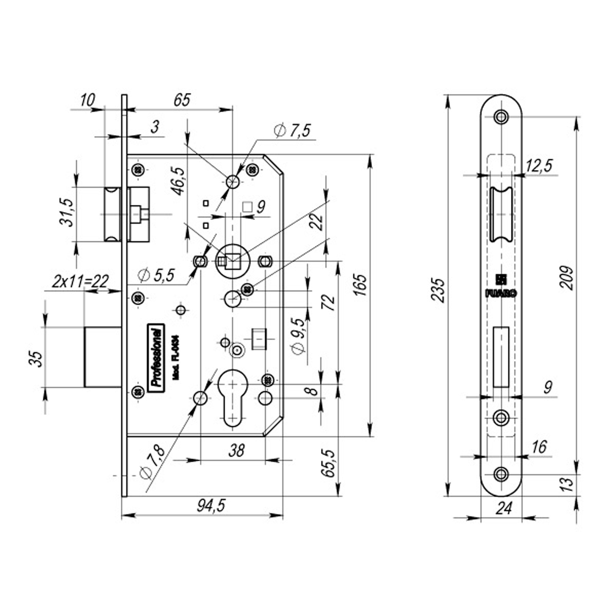Корпус Fuaro (Фуаро) врезного замка c защёлкой FP.C-65.72-0434 (FL-0434) 