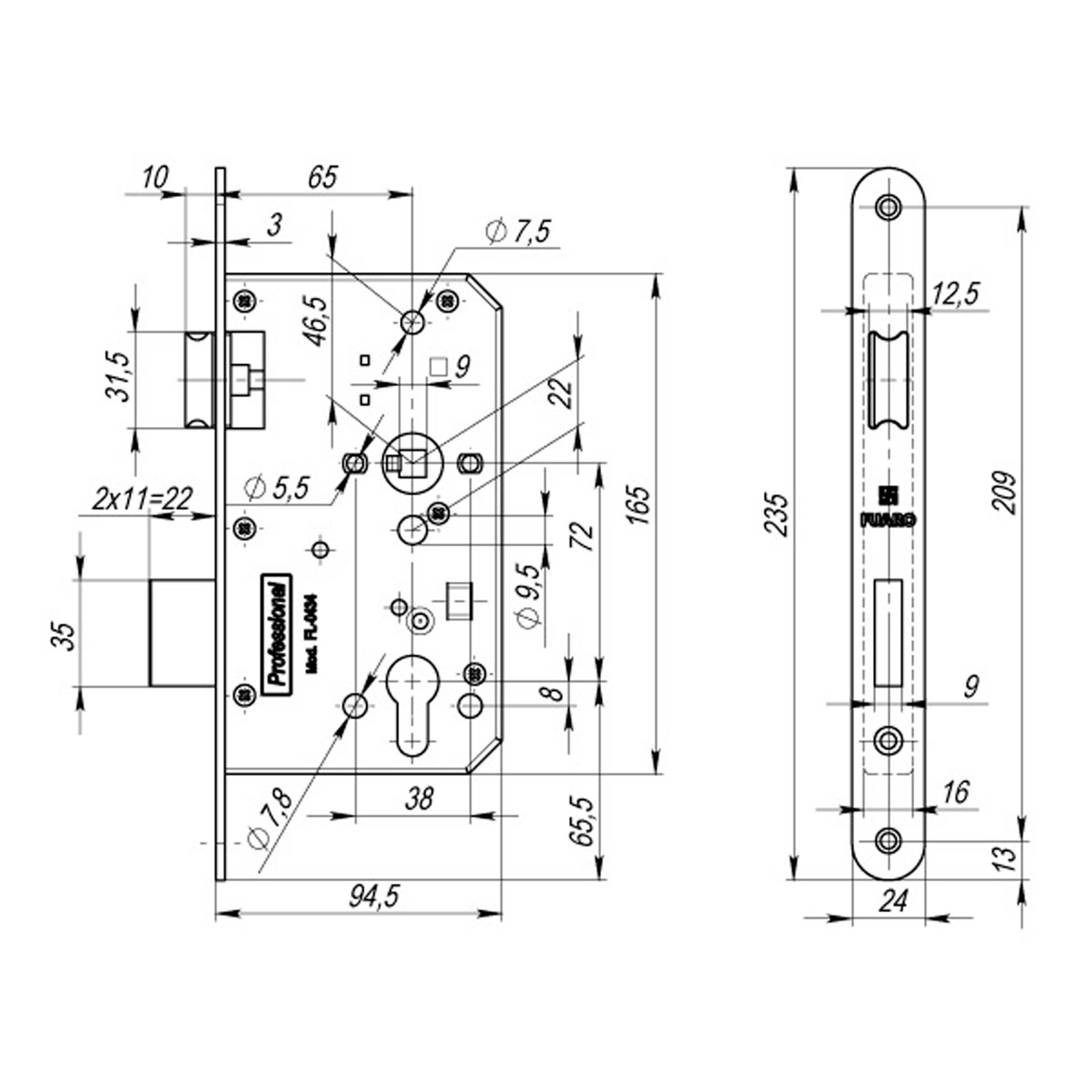 Корпус Fuaro (Фуаро) врезного замка c защёлкой FP.C-65.72-0434 (FL-0434) 
