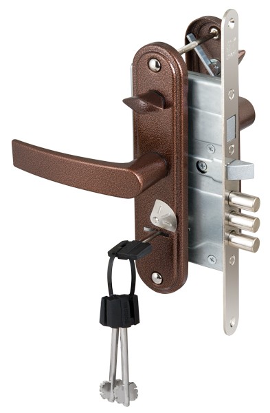 Замок Sam (Сам) врезной сувальдный с защёлкой в компл с ручкой ЗВ9-8.3/13(КЛП5-85)прав (медн ант), 3 кл/88010/ Замок Sam (Сам) врезной сувальдный с защёлкой в компл с ручкой ЗВ9-8.3/13(КЛП5-85)прав (медн ант), 3 кл/88010/