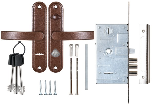 Замок Sam (Сам) врезной сувальдный с защёлкой в компл с ручкой ЗВ9-8.3/13(КЛП5-85)прав (медн ант), 3 кл/88010/ Замок Sam (Сам) врезной сувальдный с защёлкой в компл с ручкой ЗВ9-8.3/13(КЛП5-85)прав (медн ант), 3 кл/88010/