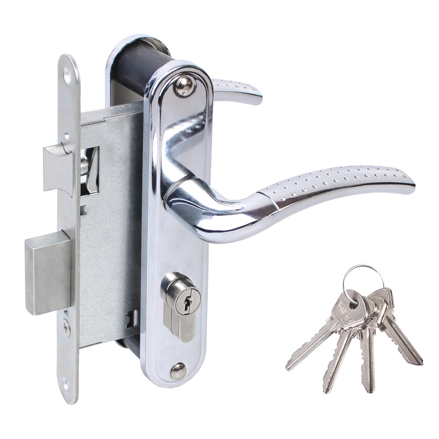 Замок Omega (Омега) врезной цилиндровый с защёлкой в комплекте с ручкой ЗВ4-55.27 (хром), 4 кл. Замок Omega (Омега) врезной цилиндровый с защёлкой в комплекте с ручкой ЗВ4-55.27 (хром), 4 кл.