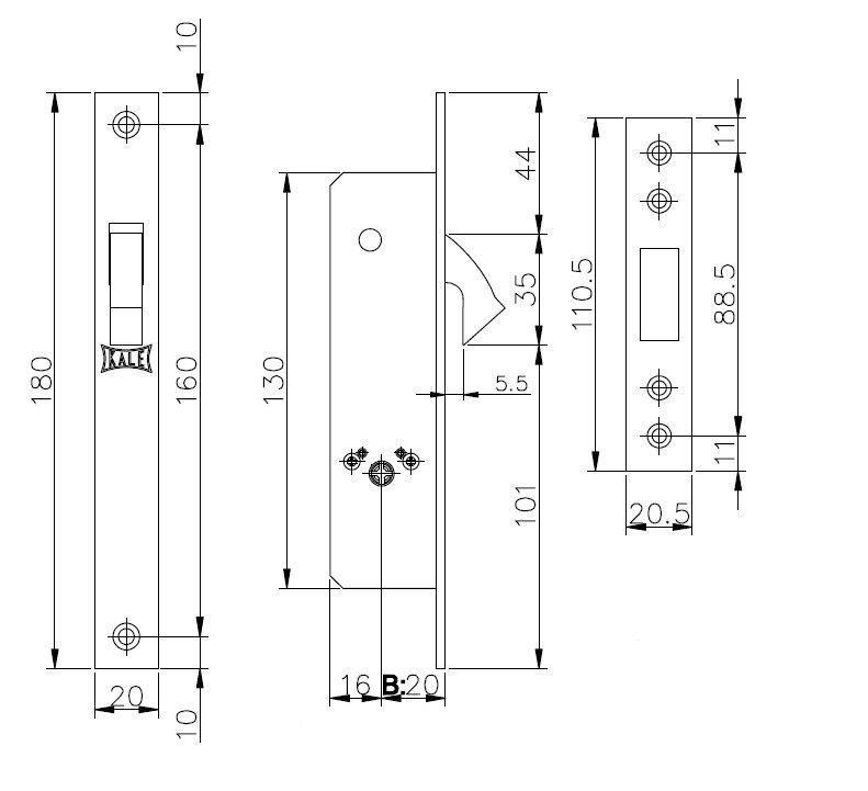 Замок Kale kilit (Кале килит) врезной крестообразный узкопрофильный 201F (20 mm) (никель), 3 кл. 