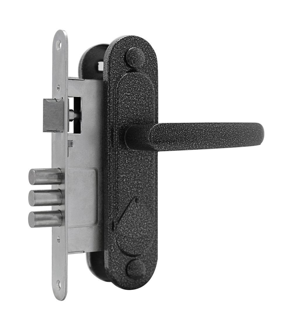 Замок Omega (Омега) врезной сувальдный с защёлкой в комплекте с ручкой ЗВ9.1-01 (серебро), 3 кл. 