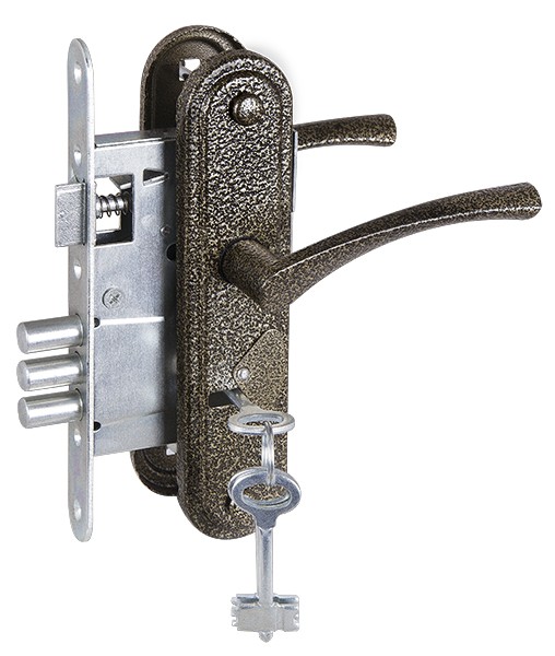 Замок Zenit (Зенит) врезной сувальдный с защёлкой в комплекте с ручкой ЗВ9-4-2 (бронза), 3кл. 